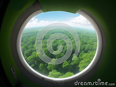 image of the aeroplane window viewing the beautiful outside aerial landscape. Stock Photo