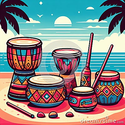 Set of african drums on the beach Vector Illustration