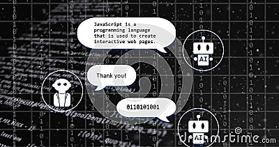 Image of ai chat interface, grid pattern and computer language over black background Stock Photo