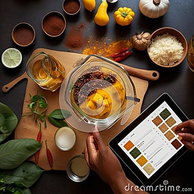 Meal preparation on chopping board with herbs and spices Stock Photo