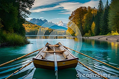 A Scenic Boat Ride through Tree-Lined Shores and Mountain Vistas on the Lake Stock Photo