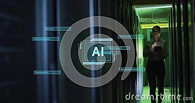 Image of ai text, data processing over caucasian female engineer by computer servers Stock Photo