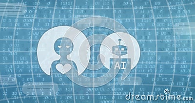 Image of ai text in robot, heart in alien over globe against binary codes on abstract background Stock Photo