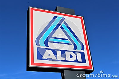 An image of a ALDI supermarket sign - logo - Bad Pyrmont/Germany - 07/17/2017 Editorial Stock Photo