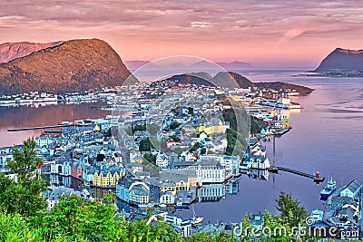 Beautiful Alesund in The Early Morning Sunshine Stock Photo