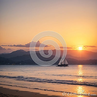amazing tropical sunset and silhouette of sailing boats in Boracay island, Philippines made with Generative AI Stock Photo