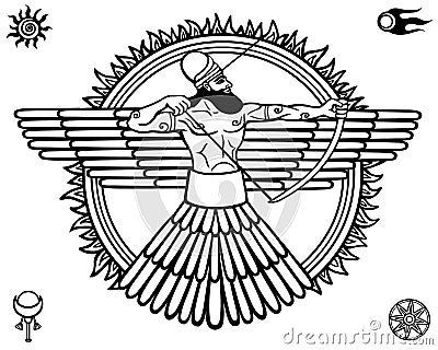 Image of an ancient deity.Set of esoteric symbols. Vector Illustration