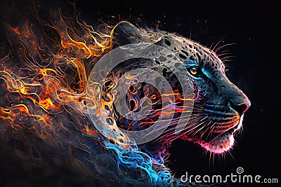 Image of an angry leopard head with a burning fire on black background. Wildlife Animals. Illustration, Generative AI Stock Photo