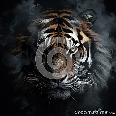 Image of an angry tiger face with fire smoke on black background. Wildlife Animals. Illustration, Generative AI Stock Photo