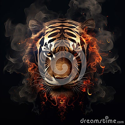 Image of an angry tiger face with fire smoke on black background. Wildlife Animals. Illustration, Generative AI Stock Photo