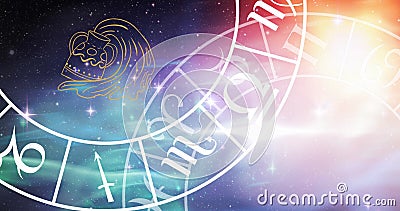 Image of aquarius star sign and horoscope zodiac sign wheels on starry sky background Stock Photo