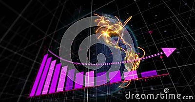 Image of arrow on falling graph and lines on rotating globe against space Cartoon Illustration