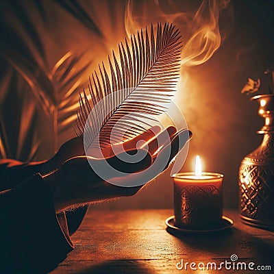 image 1:1 aspect ratio - hands held in prayer with a palm frond and a candle Stock Photo