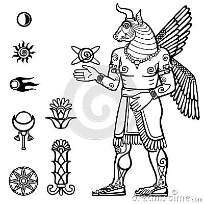 Image of the Assyrian deity with a body of the person and the head of a bull. Vector Illustration