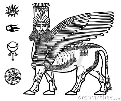 Image of the Assyrian mythical deity Shedu: a winged bull with the head of the person. Vector Illustration