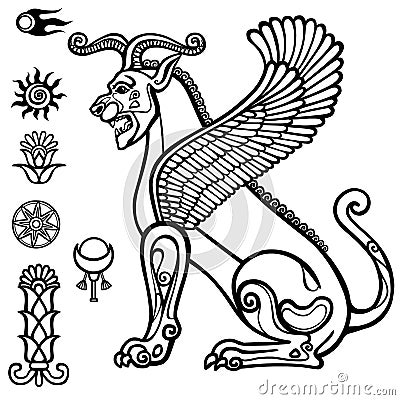 Image of Assyrian winged animal. Horned lion. Vector Illustration
