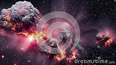 Image of an asteroid explosion in space, Collage Cartoon Illustration