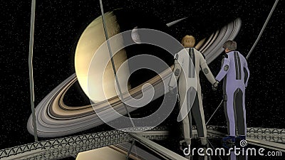 Astronauts on the background of Saturn Cartoon Illustration
