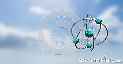 Image of atom models spinning over clouds onn blue background Stock Photo