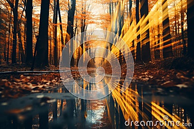 an image of an autumn forest with long streaks of light Stock Photo