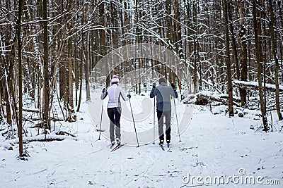 Image from back of sports woman and man skiing in winter forest Stock Photo