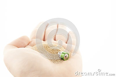 Image of battery sand hand white background Stock Photo