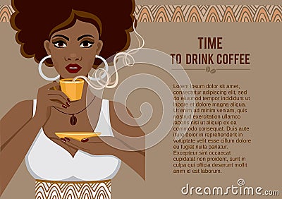 Image of a beautiful African American young woman with a fragrant cup of coffee. Vector Illustration