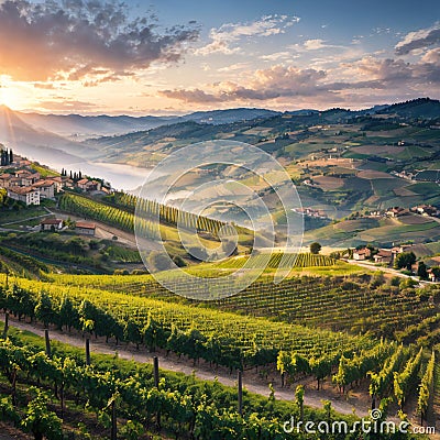Beautiful hills and vineyards surrounding Barbaresco village in the Langhe region. Cuneo, Piedmont, Italy. made with Stock Photo