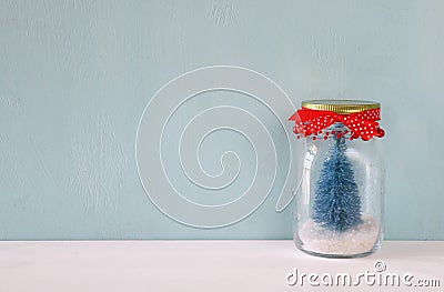 Image of beautiful mason jar with christmas tree. Stock Photo