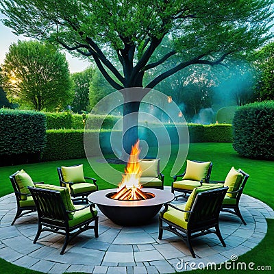 An image of a beautiful outdoor seating with several luxurious chairs arranged around a fire Cartoon Illustration