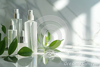 NAD+ Boosting Skincare Line, Serene Greenery on Marble, Product Mockup Stock Photo