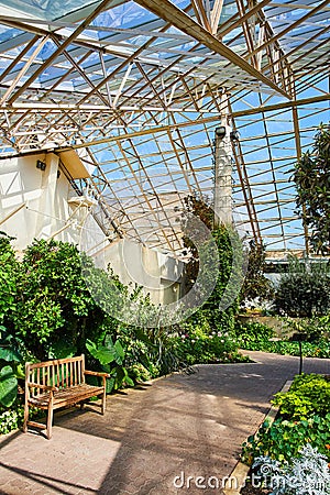 Bench on walking path inside glass greenhouse gardens Stock Photo