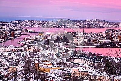 Winter City Scenery with Aerial View of Bergen Center at Pink Dawn Stock Photo