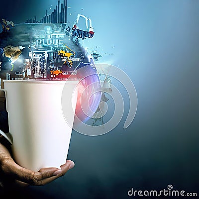 a beverage cup carrying the pressure of technology, finance, labor, environmental regulations, market share with Stock Photo