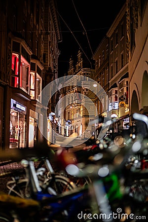 Image with bikes infront out of focus and old archicture building ancient at night Stock Photo