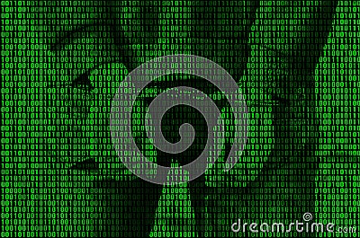 An image of a binary code from bright green figures, through which the image of an arrested and handcuffed person Stock Photo