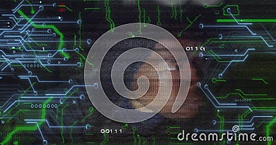 Image of binary code, integrated circuit and face of african american hacker Stock Photo