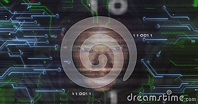 Image of binary code, integrated circuit and face of african american hacker Stock Photo