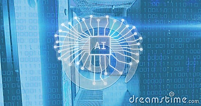 Image of binary codes over ai text in chip against server room in background Stock Photo