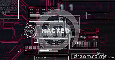 Image of binary codes over hacked text on loading bars, numbers in circles on black background Stock Photo