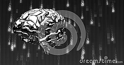 Image of binary coding data processing with spinning human brain over black background Stock Photo