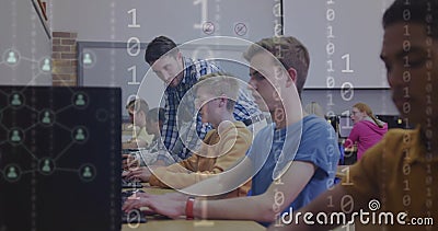 Image of binary coding and icons over diverse students using computers with teacher Stock Photo