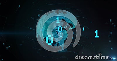 Image of binary coding and light spot over spinning globe against blue background Stock Photo
