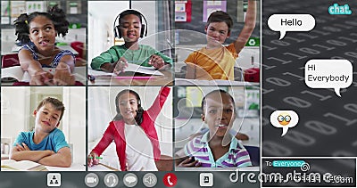 Image of binary coding over diverse group of schoolchildren having school image call Stock Photo
