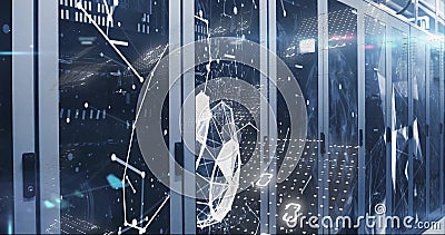 Image of binary coding over shapes and server room Stock Photo