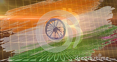 Image of bitcoin symbol and binary coding over flag of india in background Stock Photo