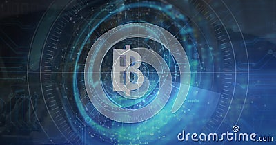 Image of bitcoin symbol, scopes scanning and data processing Stock Photo