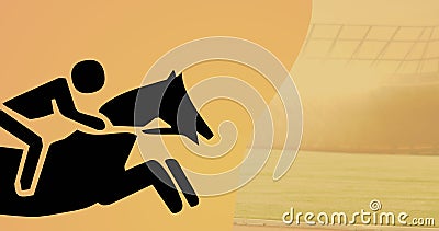 Image of black jockey on horse riding over orange background Stock Photo