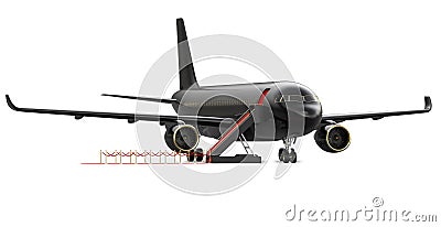 Image of black luxury charter private jet, plane. VIP airplane with a red carpet, 3d rendering isolate on white Stock Photo