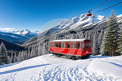 a black and red cable car over the mountains with rocks and snow. made with Generative AI Stock Photo